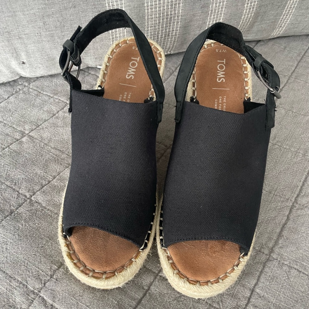 Toms Monica Black Oxford Espadrille Wedge Sandals 7.5 Like New - Picture 5 of 9